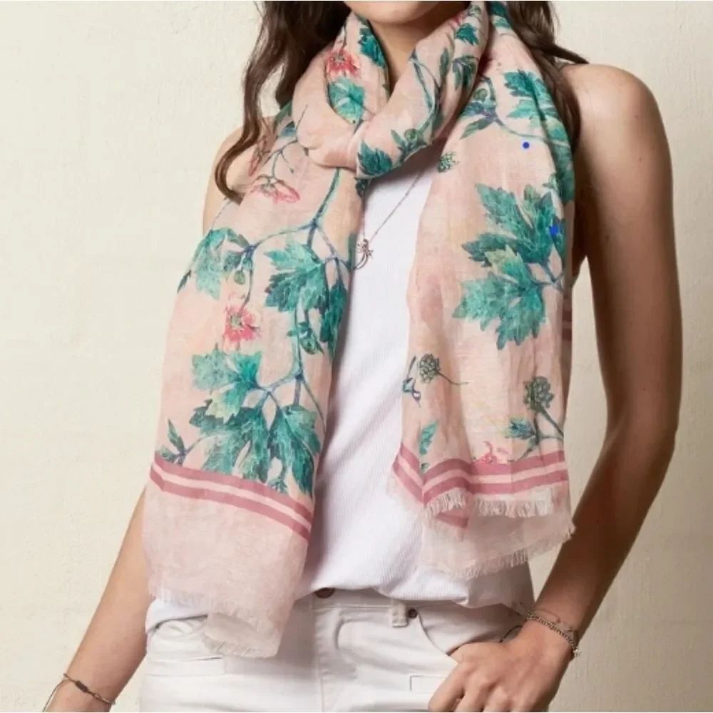 Lee Garrett Pink Green LINEN MODAL Floral Leaves Print Women's Scarf 150"×27.5"